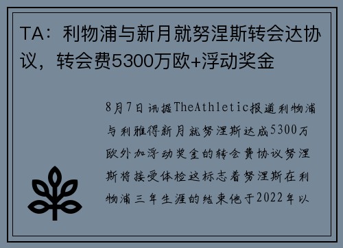 TA：利物浦与新月就努涅斯转会达协议，转会费5300万欧+浮动奖金